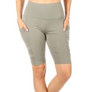 SHOSHO Medium Olive High Waisted Solid Mesh Biker Tummy Control Burmuda Shorts